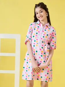 Stylo Bug Girls Polka Dots Printed Shirt Collar Roll Up Sleeves Belted A-Line Dress