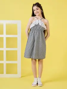 Stylo Bug Girls Checked Halter Neck Embroidered Pure Cotton A-Line Dress