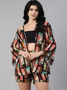 DEEBACO Printed Front Open Coat With Shorts Co-Ords
