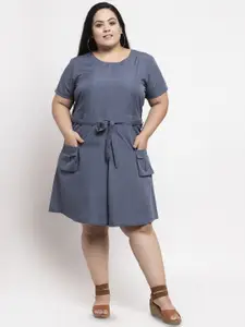 Flambeur Plus Size Round Neck Short Sleeves A Line Dress