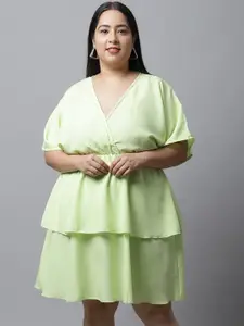 Flambeur Plus Size V-Neck Extended Sleeve Fit & Flare Dress