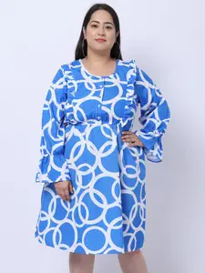Flambeur Plus Size Floral Print Round Neck Bell Sleeve Fit & Flare Dress