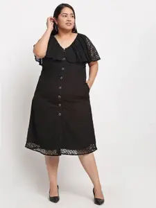 Flambeur V Neck Flared Sleeves Net A-Line Midi Plus Size Dress