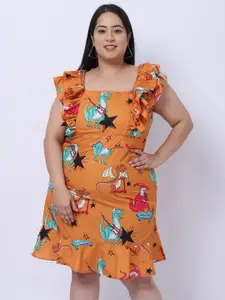 Flambeur Square Neck Sleeveless Floral Printed Crepe Plus Size Fit & Flare Dress