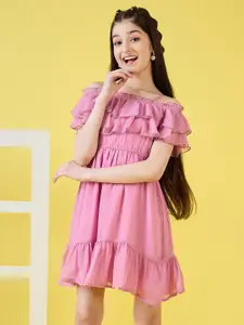 Stylo Bug Girls Off-Shoulder Flutter Sleeves Tiered Detail Chiffon A-Line Dress