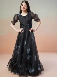 Inddus Girls Floral Printed Puff Sleeves Organza Maxi Ethnic Dress