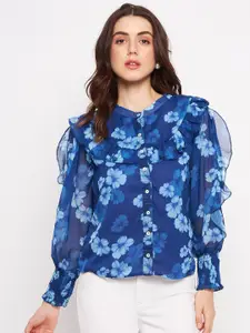 DELAN Floral Print Mandarin Collar Chiffon Shirt Style Top