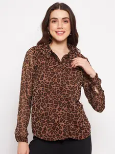 DELAN Animal Print Ruffles Chiffon Shirt Style Top