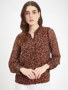 DELAN Animal Print Mandarin Collar Ruffles Chiffon Shirt Style Top
