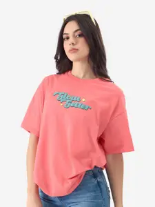 The Souled Store Pink Typography Printed Oversized Pure Cotton T-shirt