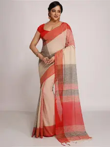 WoodenTant Checked Pure Cotton Saree with Tassels