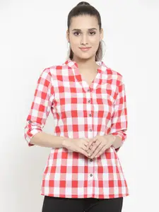 Indietoga Classic Buffalo Checked Mandarin Collar Roll-Up Sleeves Cotton Casual Shirt