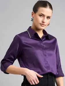 Style Quotient Embellished Detail Roll-Up Sleeves Satin Party Shirt