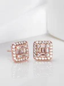 Zavya 925 Pure Sterling Silver Rose Gold-Plated Stone-Studded Contemporary Studs Earrings