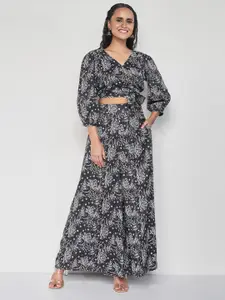 Global Desi Floral Printed Wrap Crop Top With Palazzos