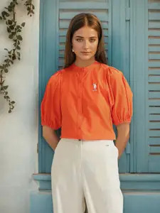 U.S. Polo Assn. Women Regular Mandarin Collar Puff Sleeve Pure Cotton Shirt Style Crop Top