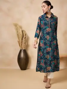 Anouk Floral Printed Mirror Work Straight Kurta