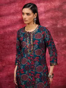 Lakshita Floral Printed Cotton Straight Kurta with Sequinned Detail