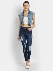 River Of Design Jeans Embellished Sleeveless Crop Open Front Cotton Denim Shrug