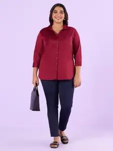 BIG HELLO Plus Size Spread Collar High-Low Hem Cotton Casual Shirt