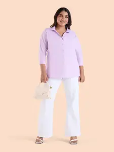 BIG HELLO Plus Size Spread Collar Three-Quarter Sleeves Cotton Casual Shirt