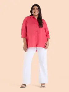 BIG HELLO Plus Size Spread Collar Three-Quarter Sleeves Linen Casual Shirt