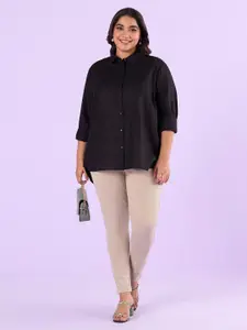 BIG HELLO Plus Size Spread Collar High-Low Hem Linen Casual Shirt