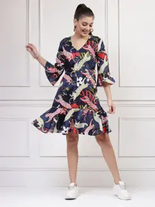 Get Glamr Floral Printed V-Neck Bell Sleeve Cotton A-Line Dress