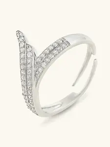 Mabel 925 Sterling Silver Rhodium Plated Studded Leaf Adjustable Statement Ring