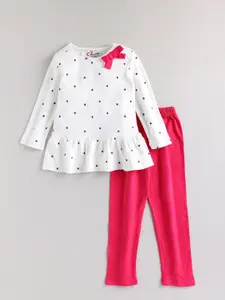 M'andy Girls Polka Dots Printed Bow Pure Cotton Top with Leggings