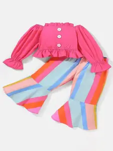 M'andy Girls Printed Off Shoulder Pure Cotton Top with Trousers