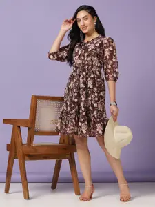 FASHION DREAM Floral Printed Puff Sleeve Georgette A-Line Dress