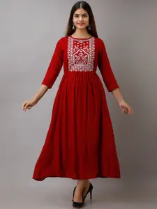 BAIRAJ Floral Embroidered Fit and Flare Midi Ethnic Dresses
