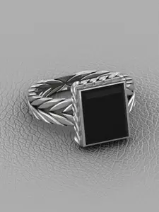 Vitra Jewellery Men Rhodium-Plated Onyx Gemstone Studded Finger Ring