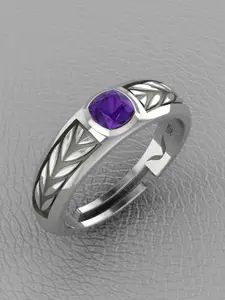 Vitra Jewellery Men Rhodium-Plated Amethyst Zircon Studded Adjustable Finger Ring