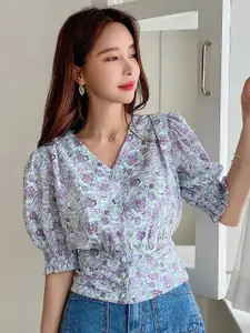 Stylecast X Slyck Floral Print Puff Sleeve Shirt Style Top