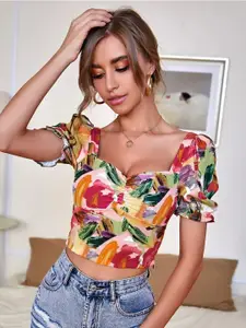 Stylecast X Slyck Floral Print Sweetheart Neck Puff Sleeve Crop Top