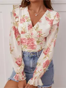 Stylecast X Slyck Floral Printed V-Neck Puff Sleeves Crop Fitted Top