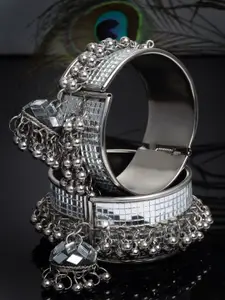 CHUI MUI Set Of 2 Silver-Plated Mirror Studded & Beaded Oxidised Bangles