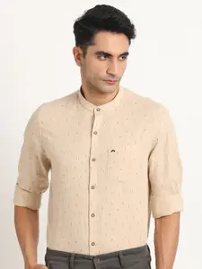 Turtle Relaxed Slim Fit Micro Ditsy Printed Mandarin Collar Cotton Linen Casual Shirt