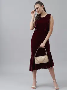 N N ENTERPRISE Ruffled Velvet A-Line Midi Dress