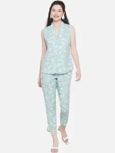 KALINI Floral Printed Notched Lapel Collar Top With Trouser