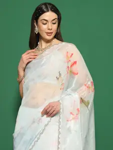 Saree mall Floral Printed Embellished Beads and Stones Organza Saree