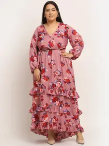 Flambeur Floral Printed Puff Sleeve Crepe Maxi Plus Size Dress