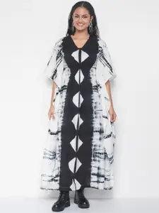 Global Desi Tie & Dye Printed V-Neck Kimono Sleeve Gathered Cotton Kaftan Maxi Dress