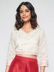 Global Desi V Neck Floral Print Sequined Styled Back Crop Top