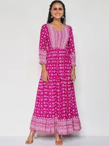 Global Desi Floral Printed V-Neck Fit and Flare Maxi Ethnic Dress