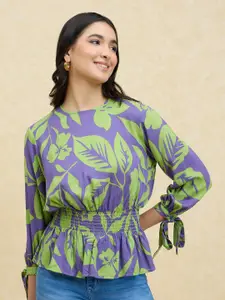 20Dresses Purple Floral Print Cotton Round Neck Three-Quarter Sleeves Cinched Waist Top