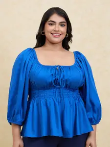 20Dresses Plus Size Blue Square Neck Puff Sleeves Smocked Detailed Peplum Top