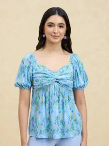 20Dresses Blue Floral Print Sweetheart Neck Puff Sleeve Crepe Empire Top